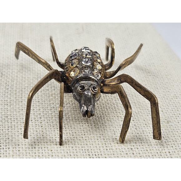 Vintage Spider Brooch Pin‎ Bronze Clear Rhinestones